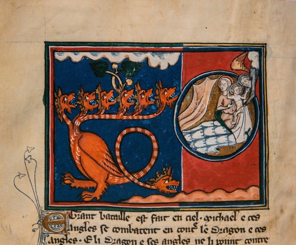 المرأة والتنين. صورة مصغرة من: Apocalypse de Saint Jean، حوالي 1320. بواسطة غير معروف