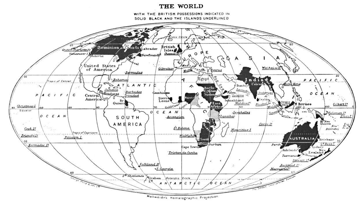 العالم مع الممتلكات البريطانية المشار إليها باللون الأسود الصلب والجزر الذي تم تسطيره ، 1924 بواسطة غير معروف