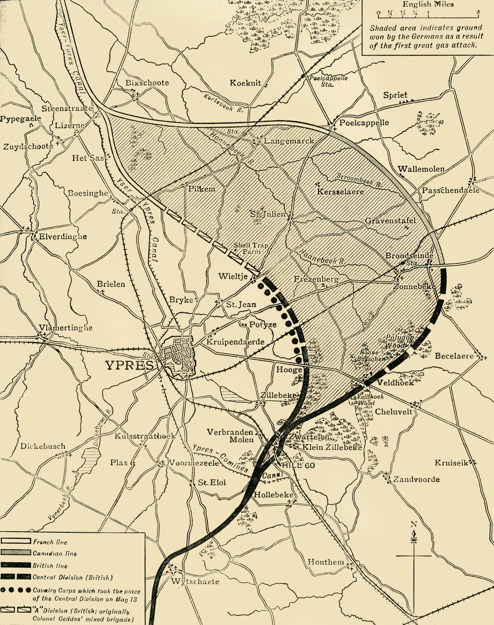 The Ypres Salient قبل وبعد معركة Ypres الثانية ... ، الحرب العالمية الأولى ، 1915 ، c1920. بواسطة غير معروف