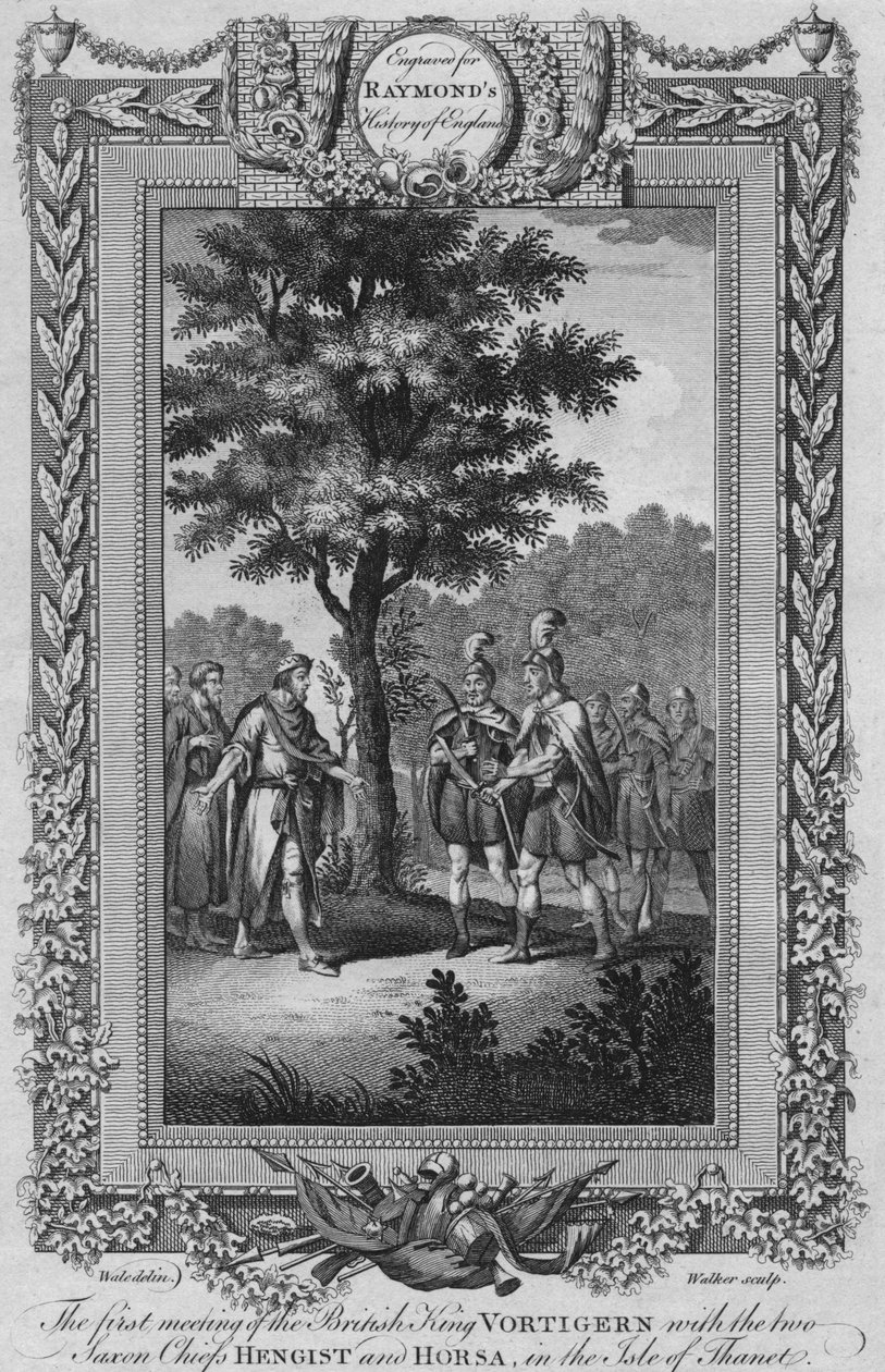 الاجتماع الأول للملك البريطاني فورتيغرن مع الرئيسين الساكسون Hengist و Horsa ، c1787 بواسطة غير معروف