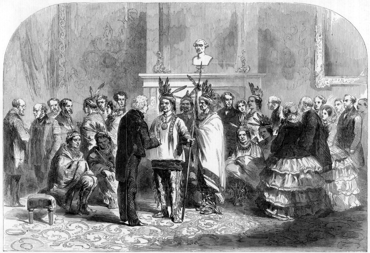 رئيس الولايات المتحدة يحث القبائل المعادية على المصافحة ، 1858 بواسطة غير معروف