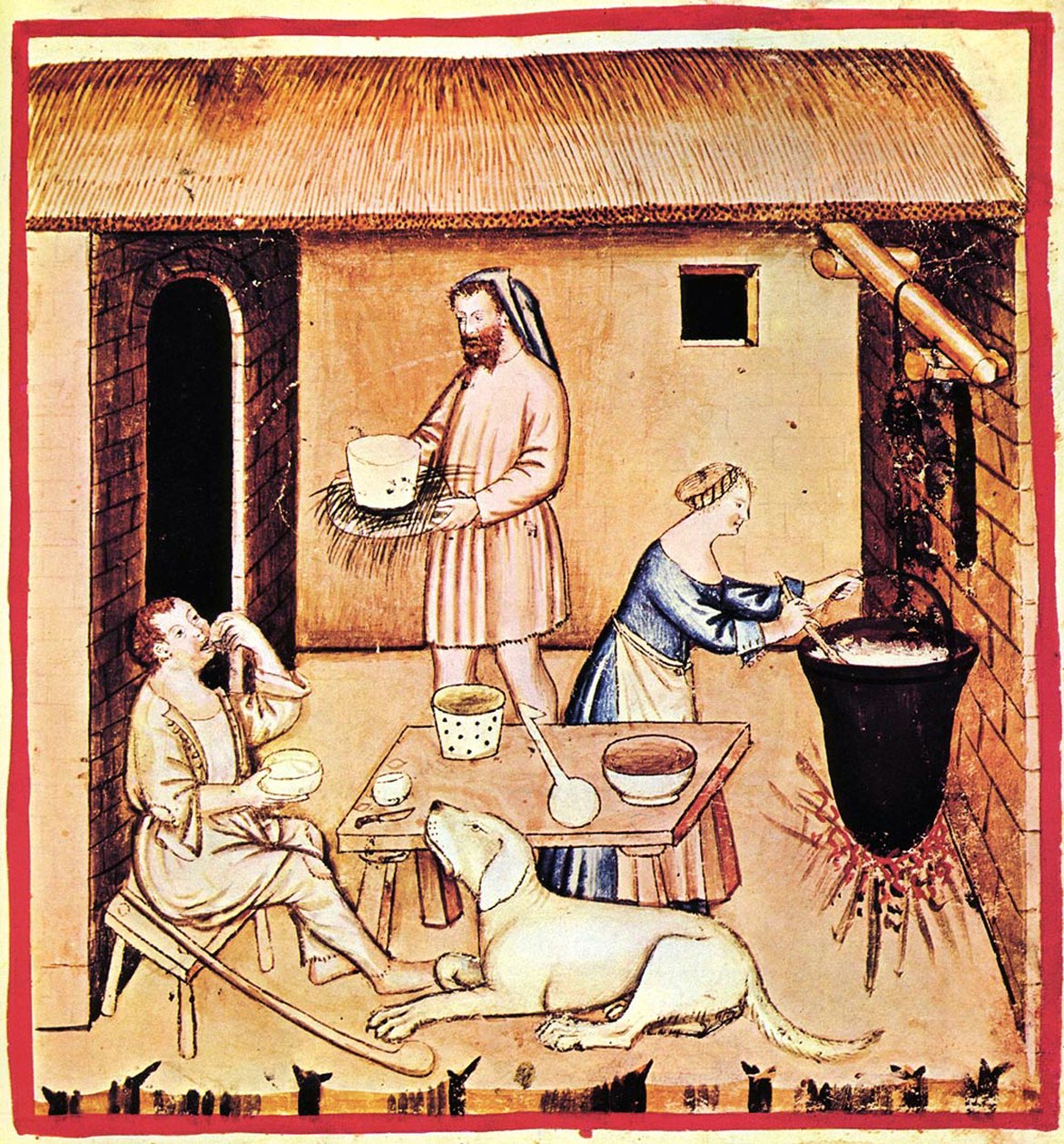 إنتاج الجبن. صورة مصغرة من Tacuinum Sanitatis ، النصف الثاني من القرن الرابع عشر. بواسطة غير معروف
