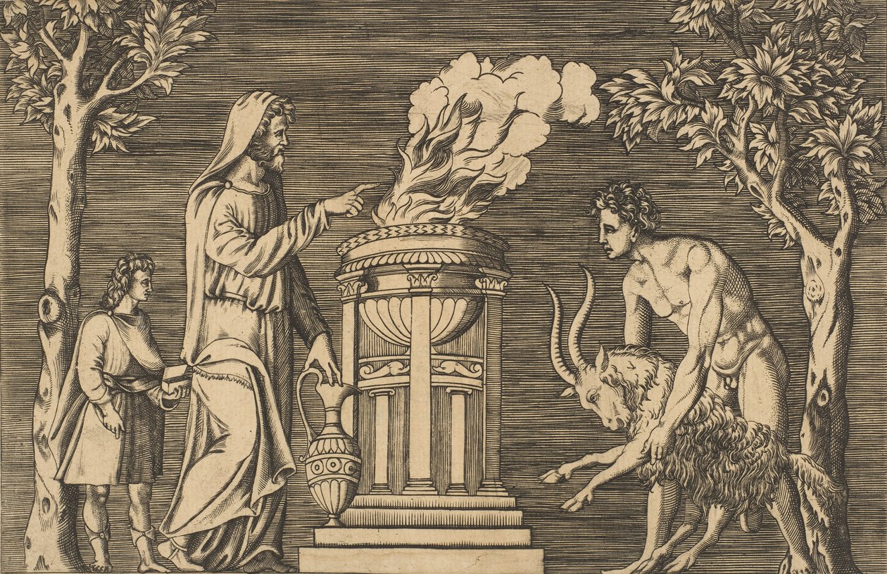 التضحية بكبش يحمله رجل عاري على اليمين ، كاهن مقنع على اليسار مع ... ، كاليفورنيا. 1515-1600. بواسطة غير معروف
