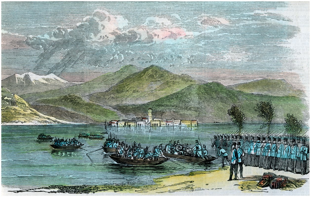الحرب ، النمساويون يعبرون لاغو ماجيوري ، إيطاليا ، c1875 بواسطة غير معروف