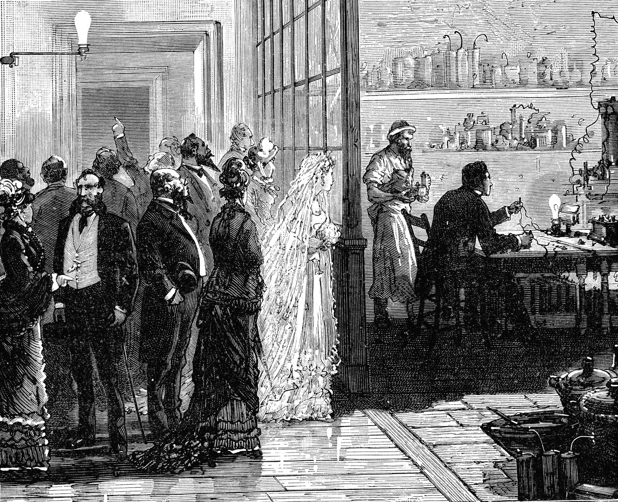 توماس إديسون يجرب المصابيح الكهربائية في يوم زفافه ، 1871 1883 بواسطة غير معروف