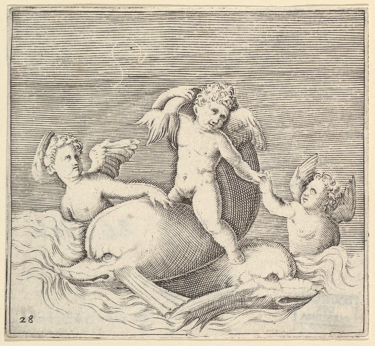 ثلاثة كيوبيد واثنان من الدلافين ، نُشرت في كاليفورنيا. 1599-1622. بواسطة غير معروف