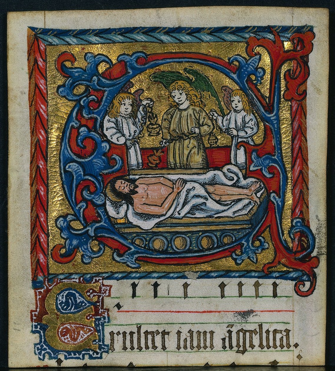 ثلاثة قصاصات من كتاب قداس: حرف E الأولي مع ملائكة القبر ، ج. 1470-1500. بواسطة غير معروف
