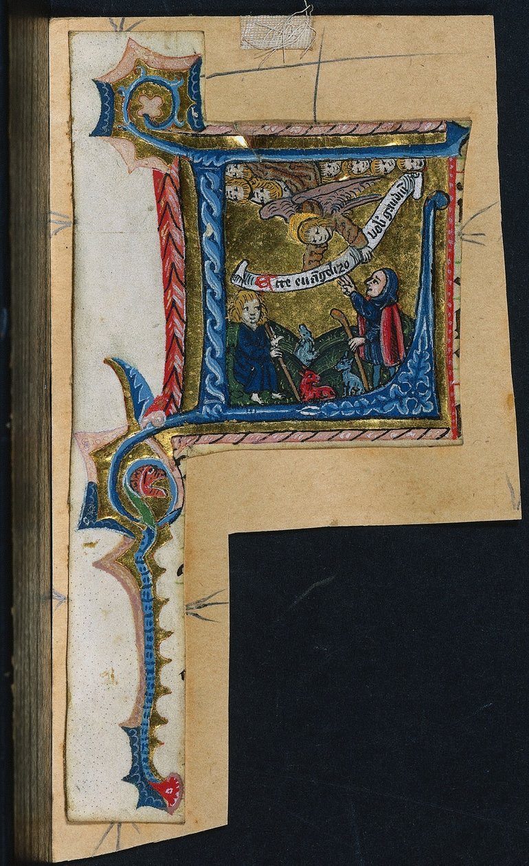 ثلاثة قصاصات من قداس: حرف L الأولي مع البشارة إلى الرعاة ، ج. 1470-1500. بواسطة غير معروف