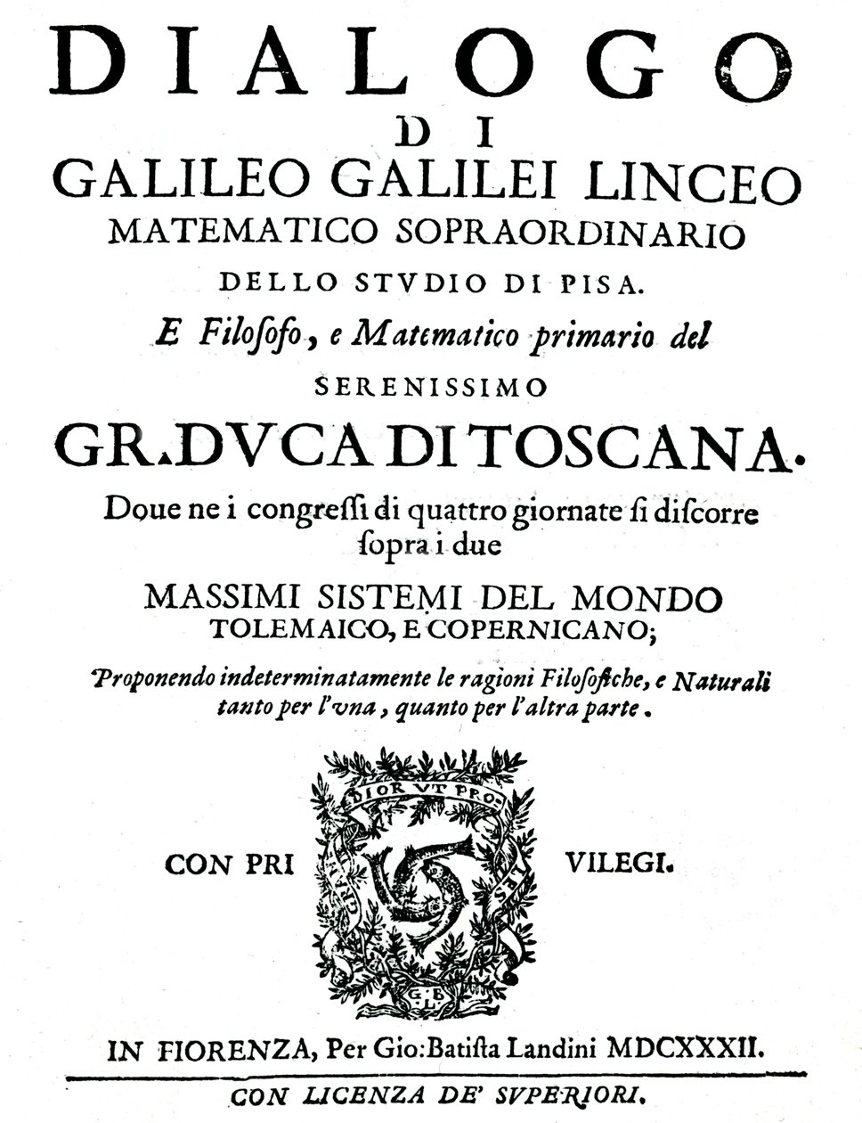 صفحة عنوان Dialogo ، بواسطة جاليليو ، 1632 بواسطة غير معروف