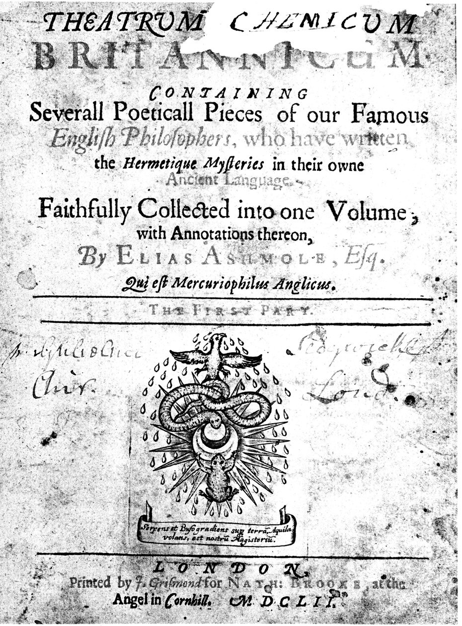 صفحة العنوان في كيمياء المسرح البريطانية إلياس أشمول ، 1652 بواسطة غير معروف