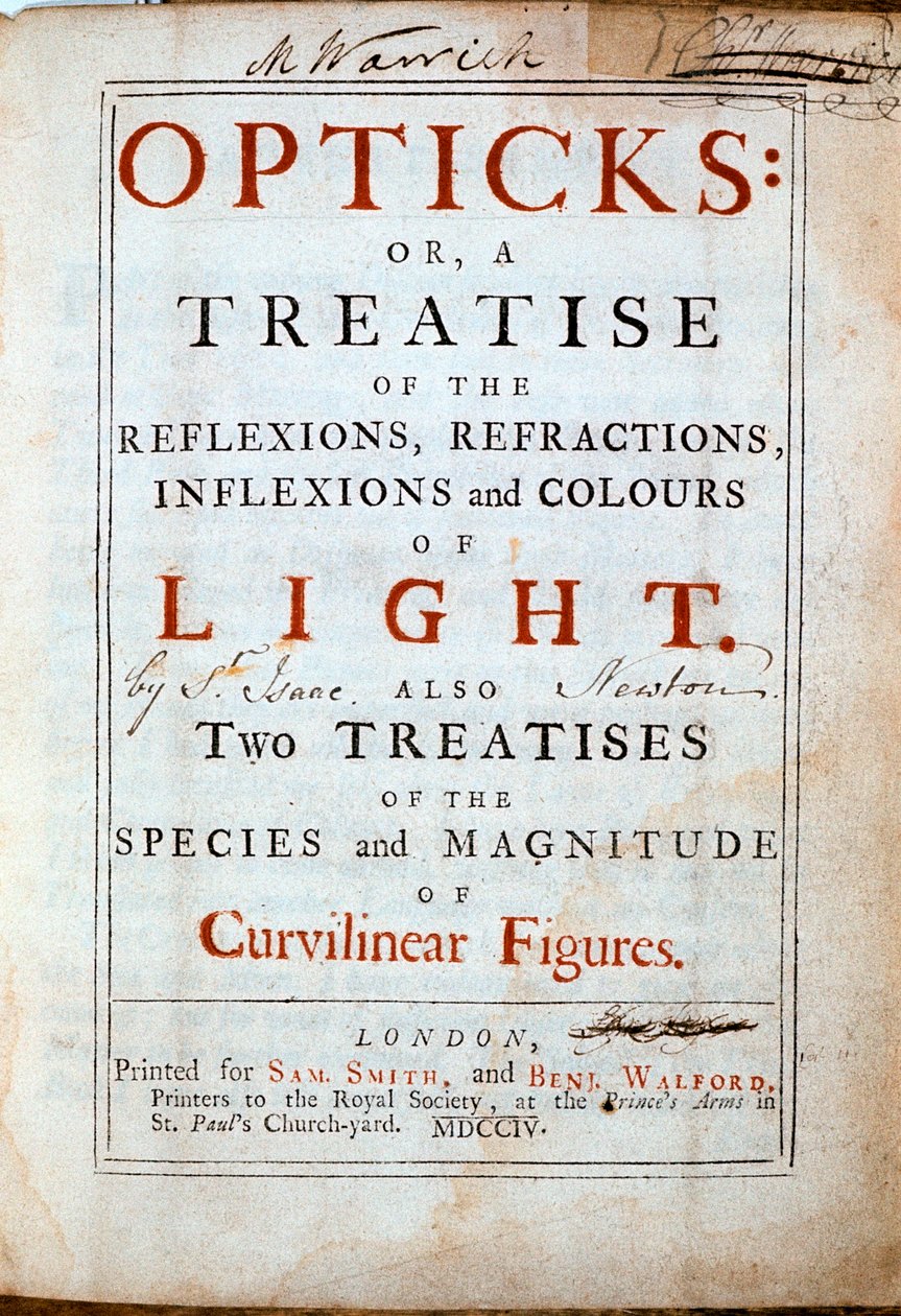 صفحة عنوان البصريات من قبل عالم اللغة الإنجليزية وعالم الرياضيات إسحاق نيوتن ، 1794 بواسطة غير معروف
