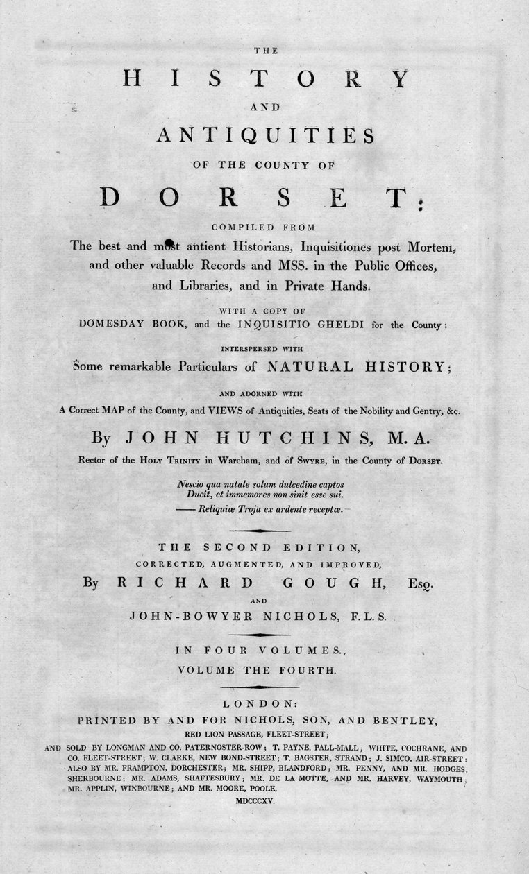 صفحة عنوان تاريخ وآثار مقاطعة دورست ، 1815. بواسطة غير معروف