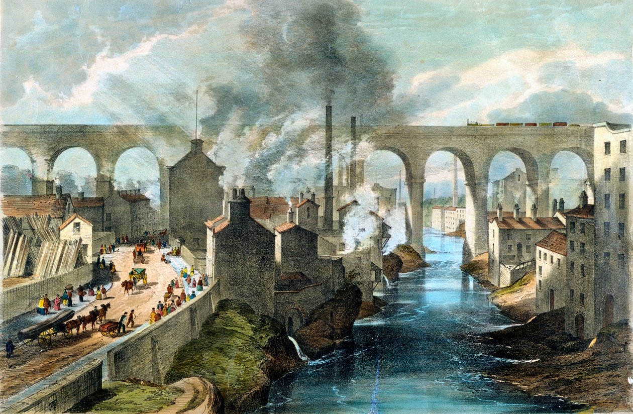 قطار عبور جسر ستوكبورت على سكة حديد لندن وشمال غرب ، c1845 بواسطة غير معروف
