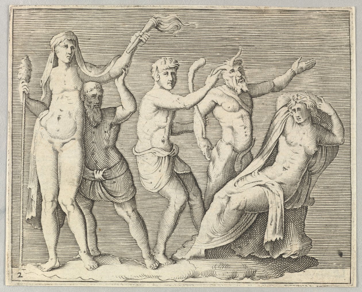 شخصان ، Faun و Satyr يقتربان من كرسي Recliniing Woman ، تم نشره في كاليفورنيا. 1599-1622. بواسطة غير معروف
