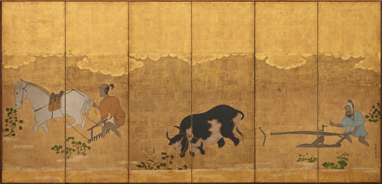 مزارعان يحرثان حقل أرز وترويعهما ، فترة إيدو ، 1615-1868. بواسطة غير معروف
