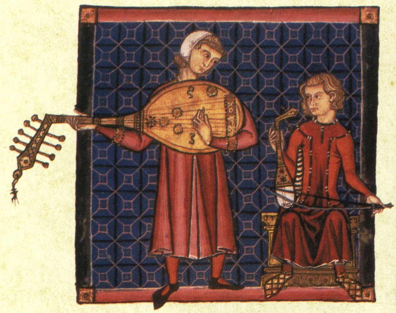اثنين من minstrels. رسم توضيحي من مخطوطة Cantigas de Santa Maria ، ج. 1280 بواسطة غير معروف