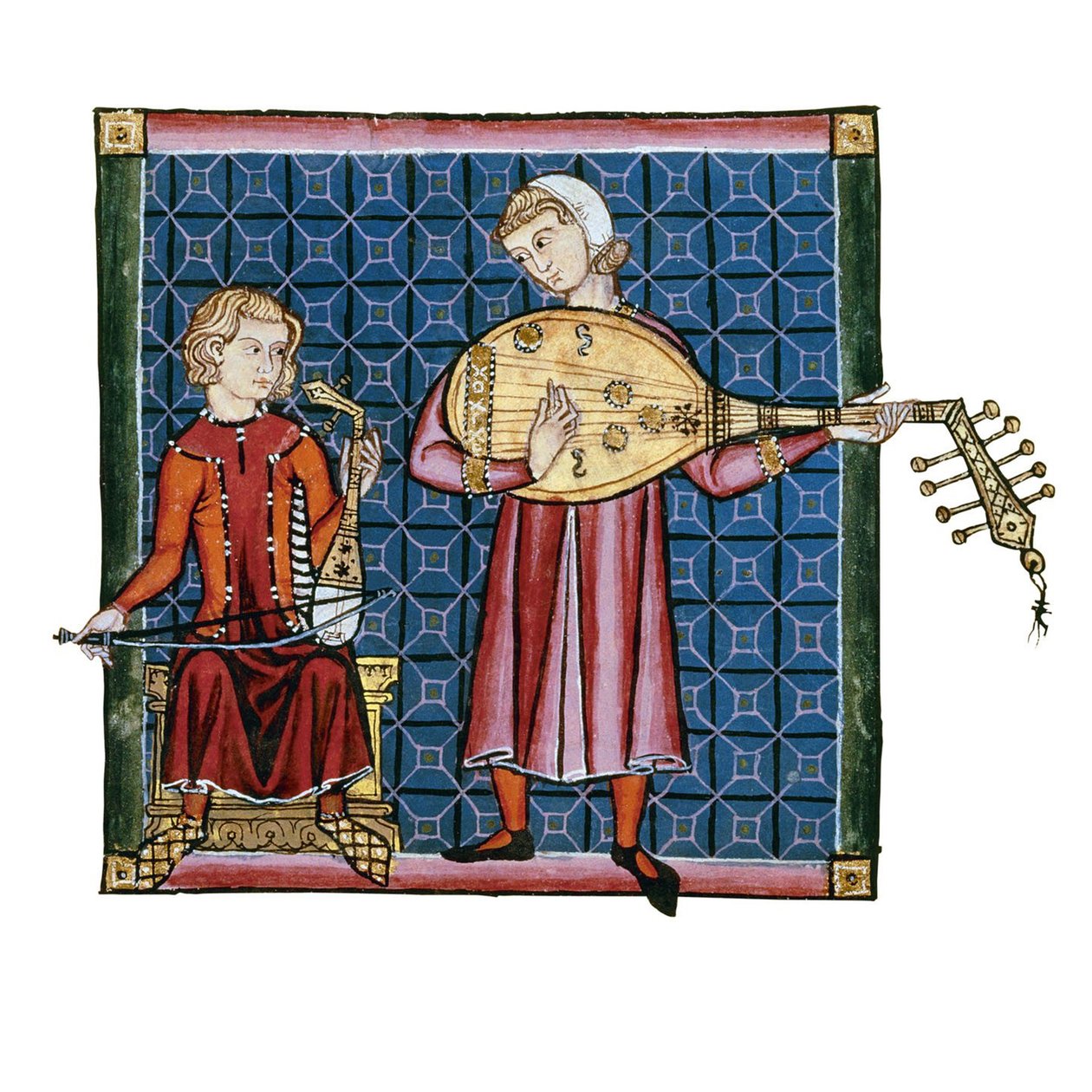 اثنين من minstrels. رسم توضيحي من مخطوطة Cantigas de Santa Maria ، ج. 1280 بواسطة غير معروف