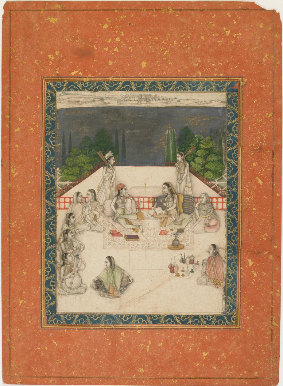 جلست امرأتان على شرفة محاطة بالحاضرين والموسيقيين ، كاليفورنيا. 1650. بواسطة غير معروف