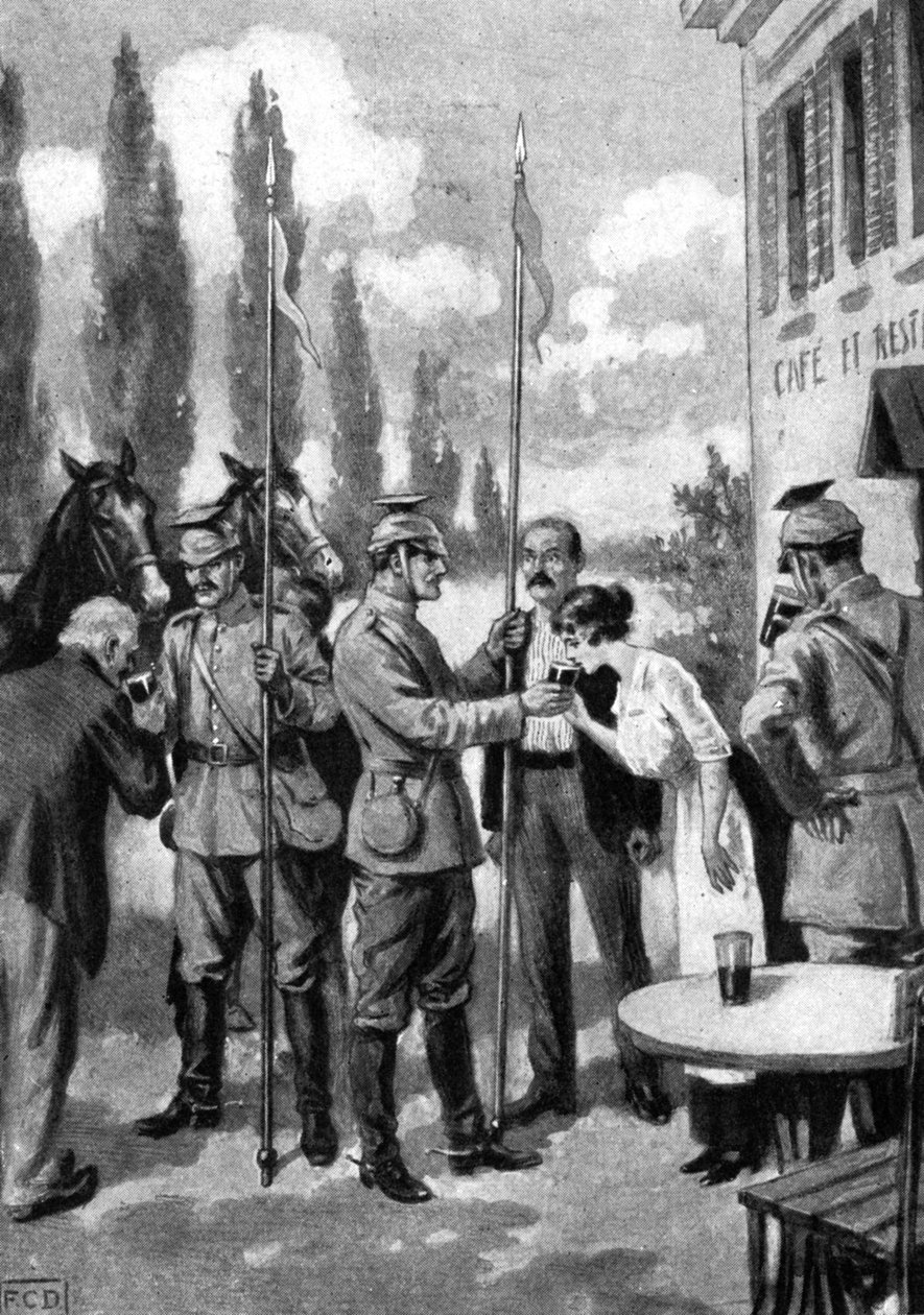 يطالب Uhlans بالمرطبات من القرويين البلجيكيين ، الحرب العالمية الأولى ، 1914 بواسطة غير معروف