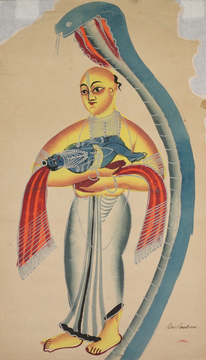 Vasudeva Krishnas الأب يفر مع الرضيع Krishna يواجه كوبرا ، 1800s. بواسطة غير معروف
