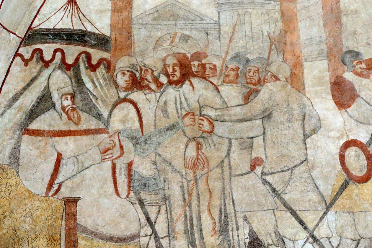 كنيسة Vault de Lugny. لوحة جدارية من القرن السادس عشر. المسيح في آلامه. المسيح أمام بيلاطس. فرنسا Â بواسطة غير معروف