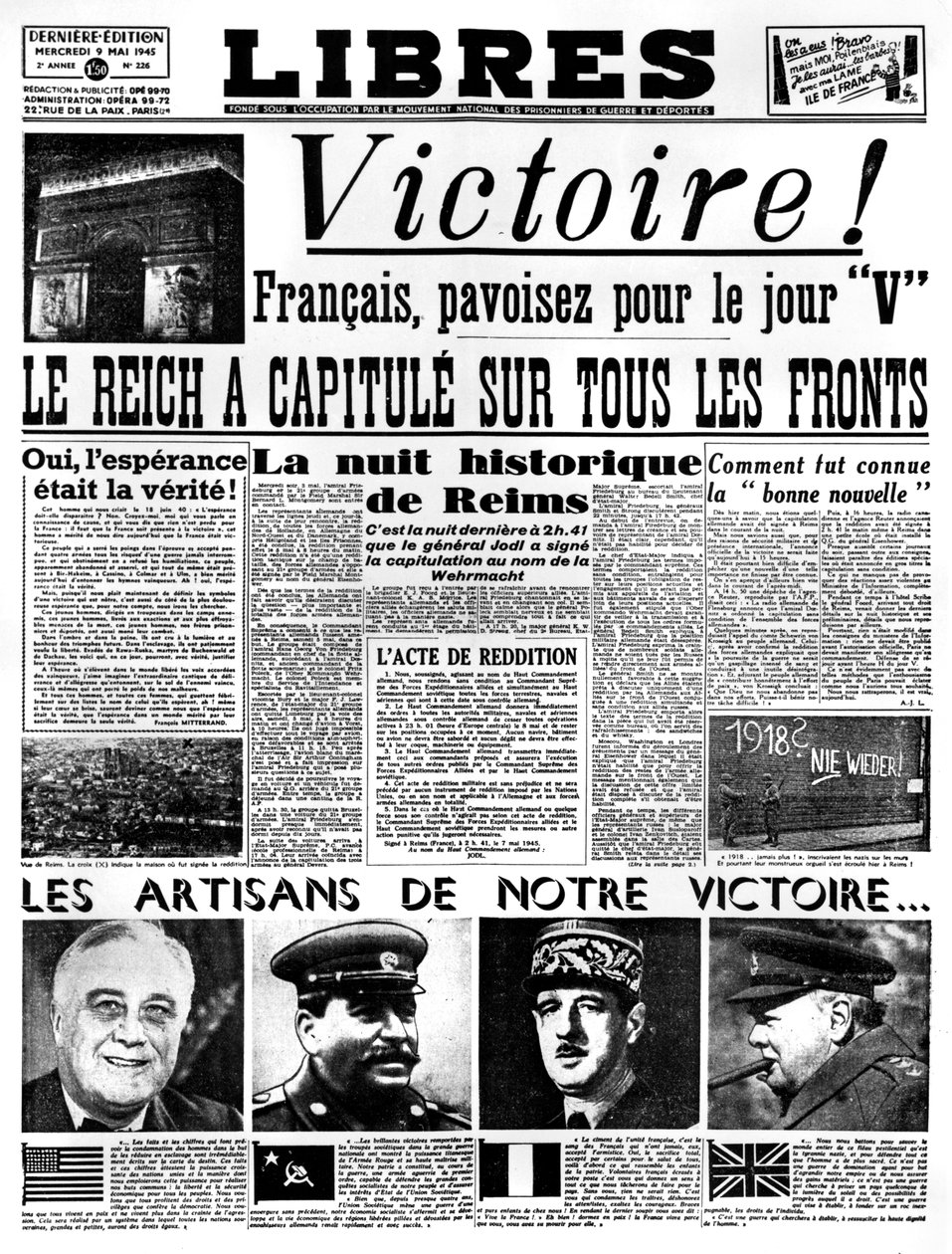 النصر! ، الصفحة الأولى من صحيفة ليبرس ، 9 مايو 1945 بواسطة غير معروف