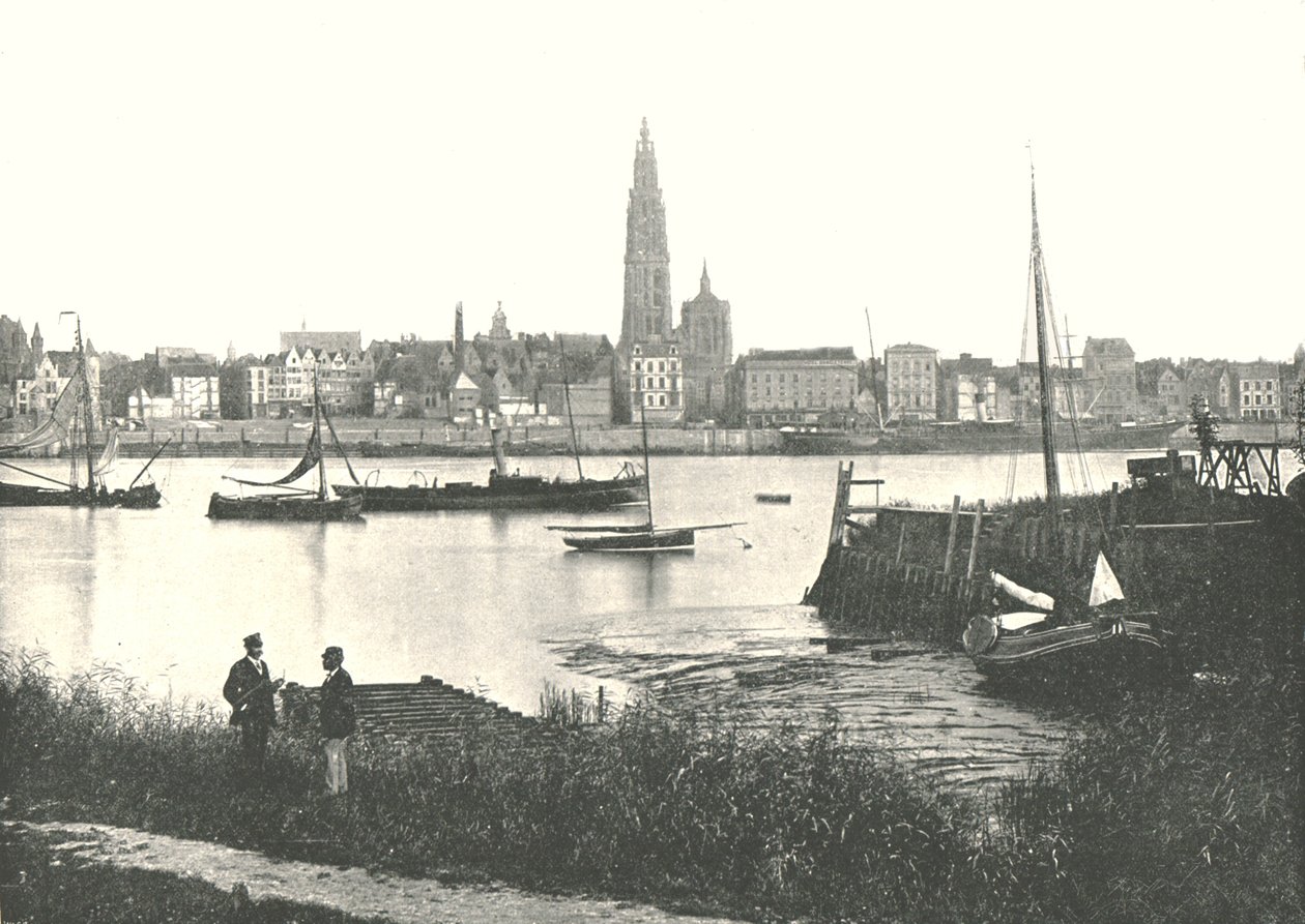 منظر عبر النهر إلى الكاتدرائية ، أنتويرب ، بلجيكا ، 1895. بواسطة غير معروف