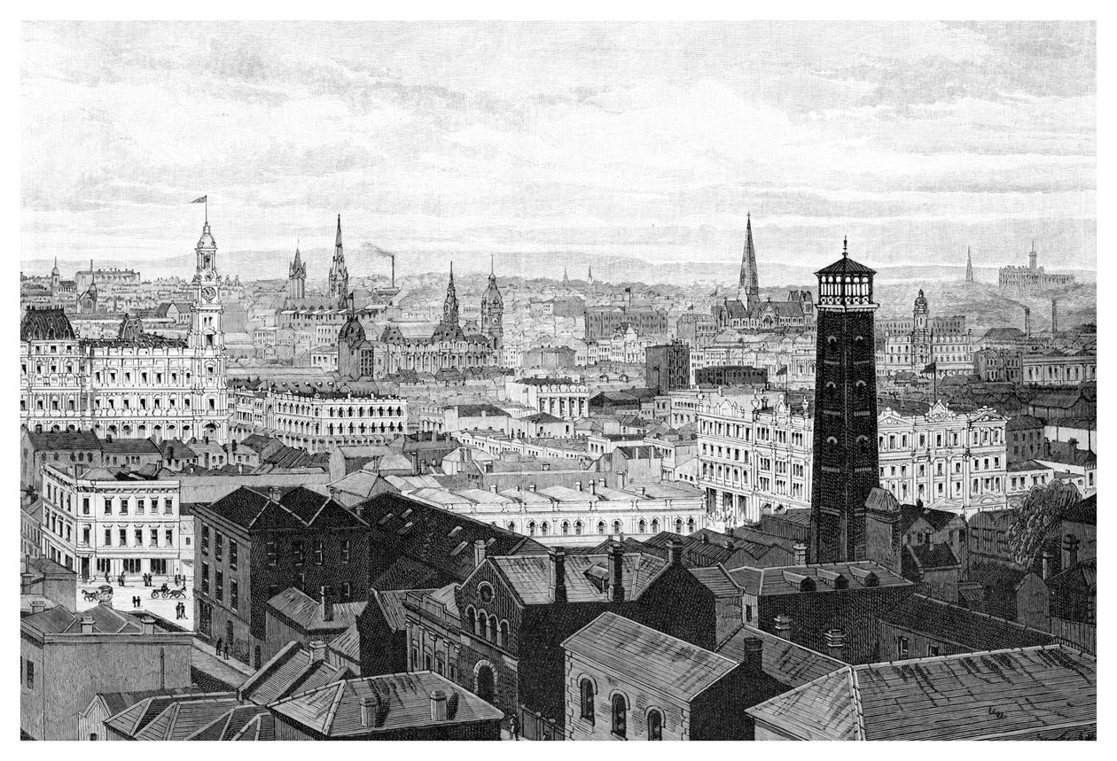 منظر من قبة محاكم القانون ، ملبورن ، فيكتوريا ، أستراليا ، 1886 بواسطة غير معروف