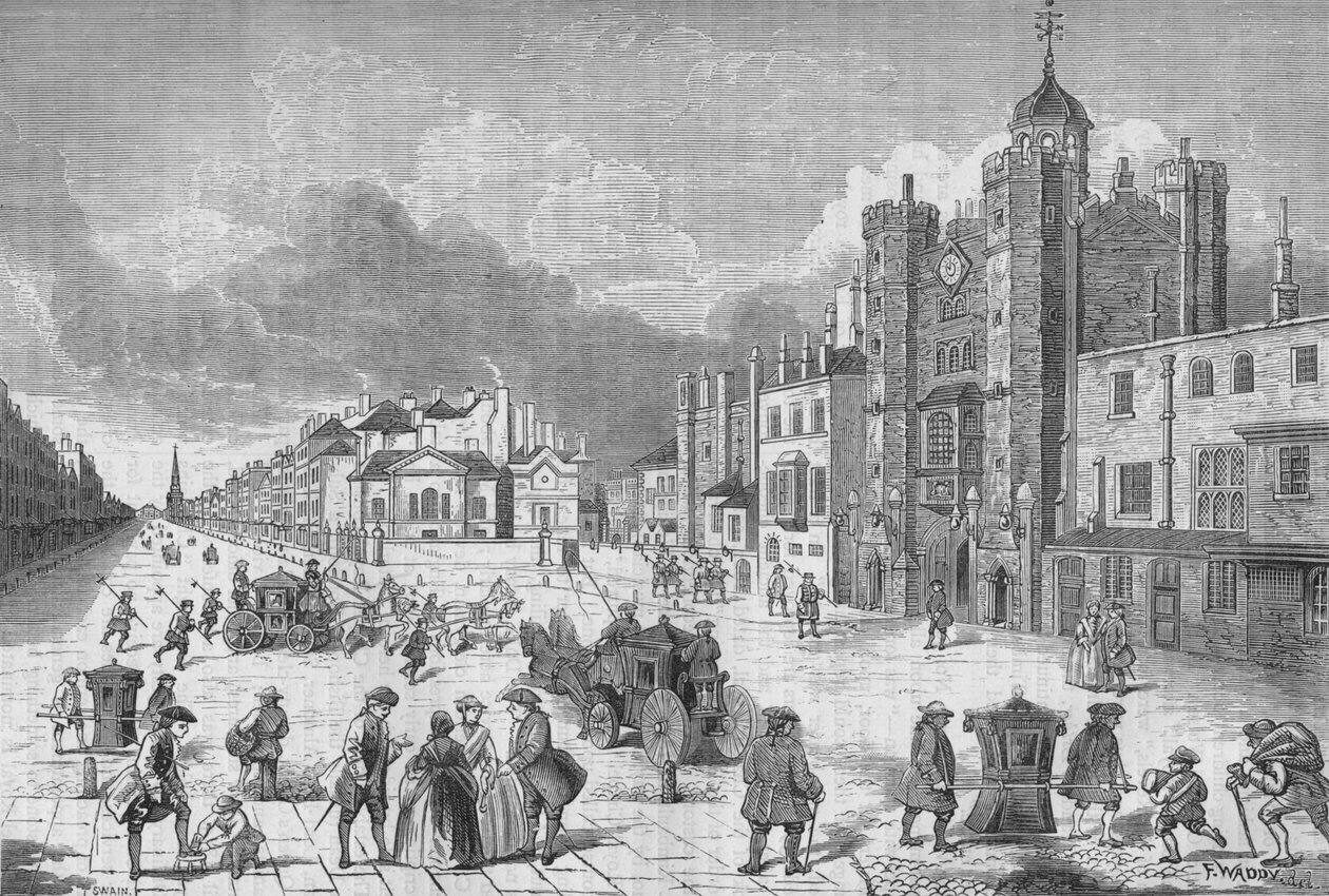 منظر لقصر سانت جاميس ، وستمنستر ، لندن ، في وقت الملكة آن ، c1710 1878. بواسطة غير معروف