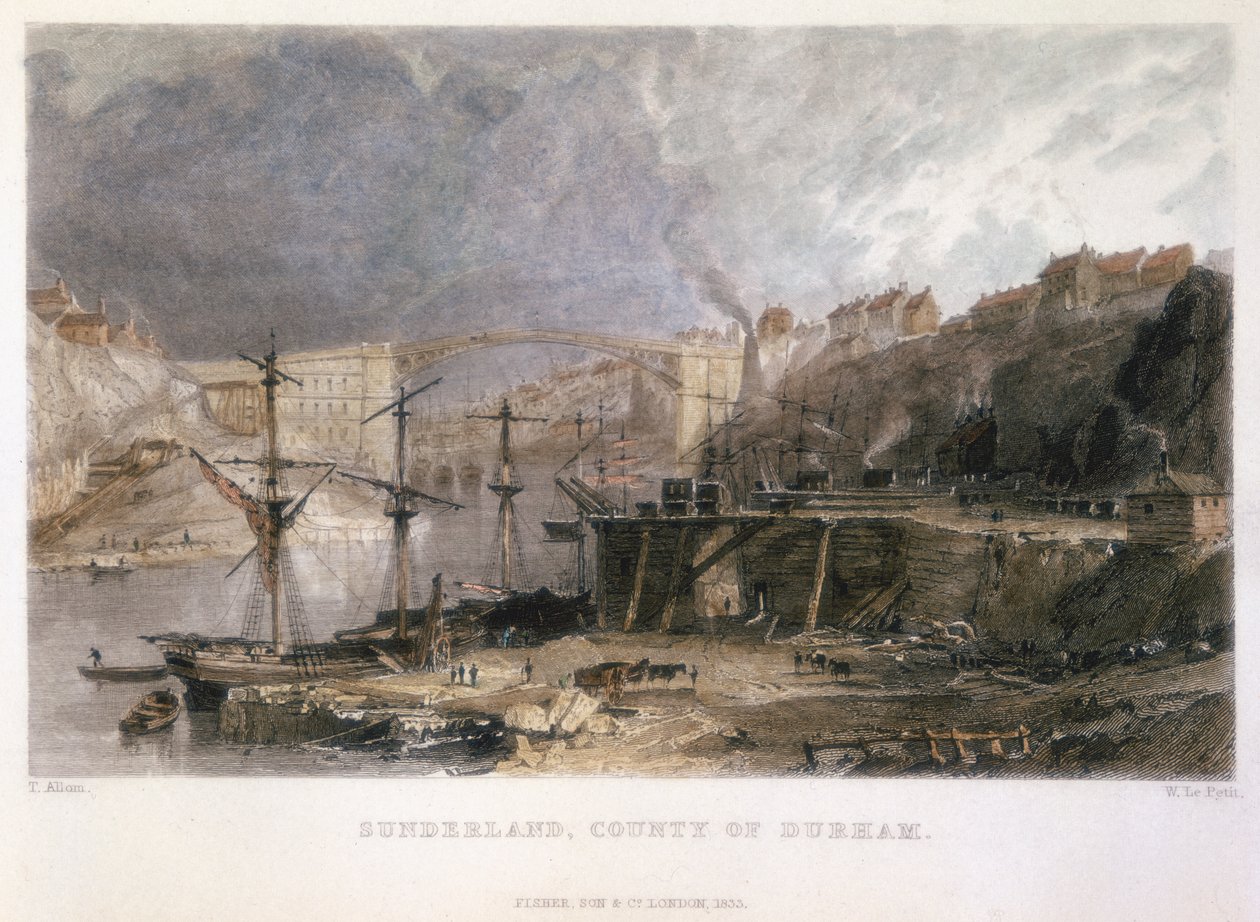 منظر لسندرلاند والجسر الحديدي باتجاه الشرق ، 1833 بواسطة غير معروف