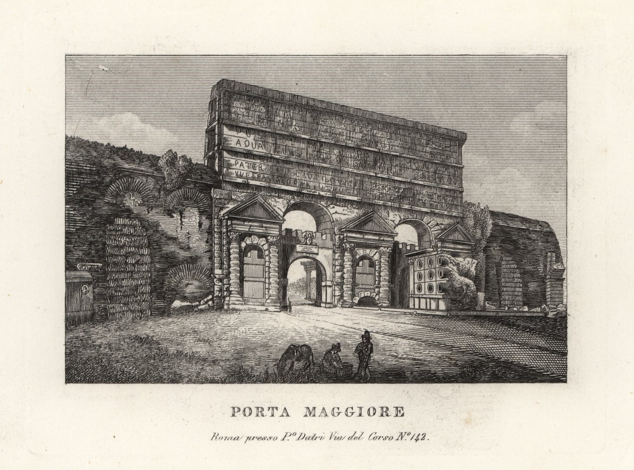 منظر لبوابة Porta Maggiore مع قنوات مائية أو بوابة أكبر أو Porta Prenestina ، في الجدار Aurelian ، روما بواسطة غير معروف