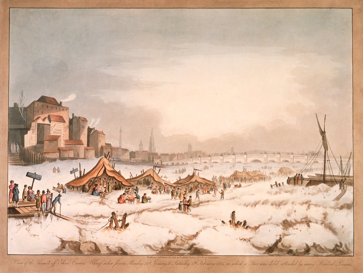منظر لنهر التايمز المتجمد من ثري كرينز وارف ، لندن ، 1814 بواسطة غير معروف