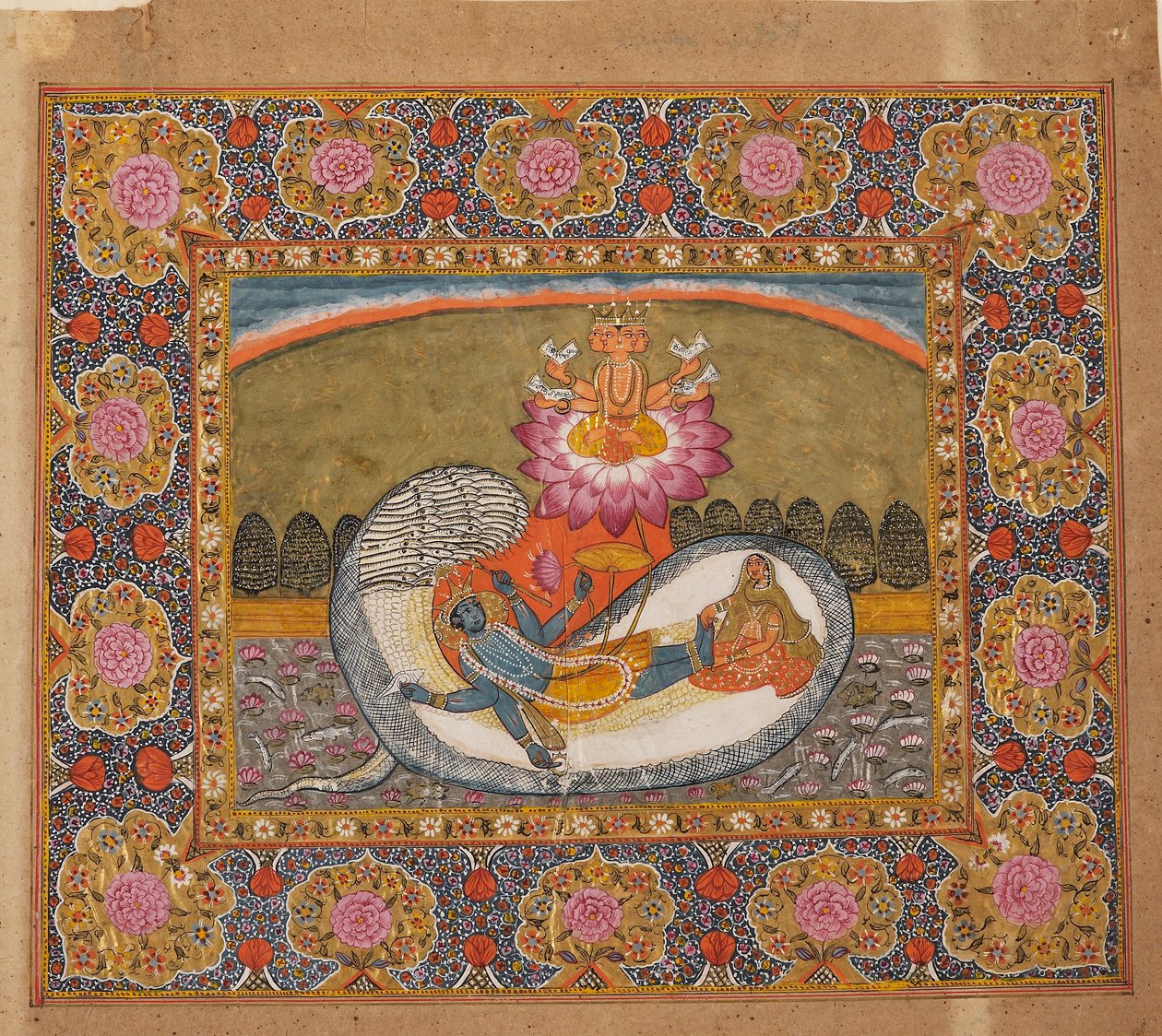 Vishnu و Lakshmi على الثعبان Shesha ، مع Brahma على اللوتس ، ربما في أواخر القرن التاسع عشر بواسطة غير معروف