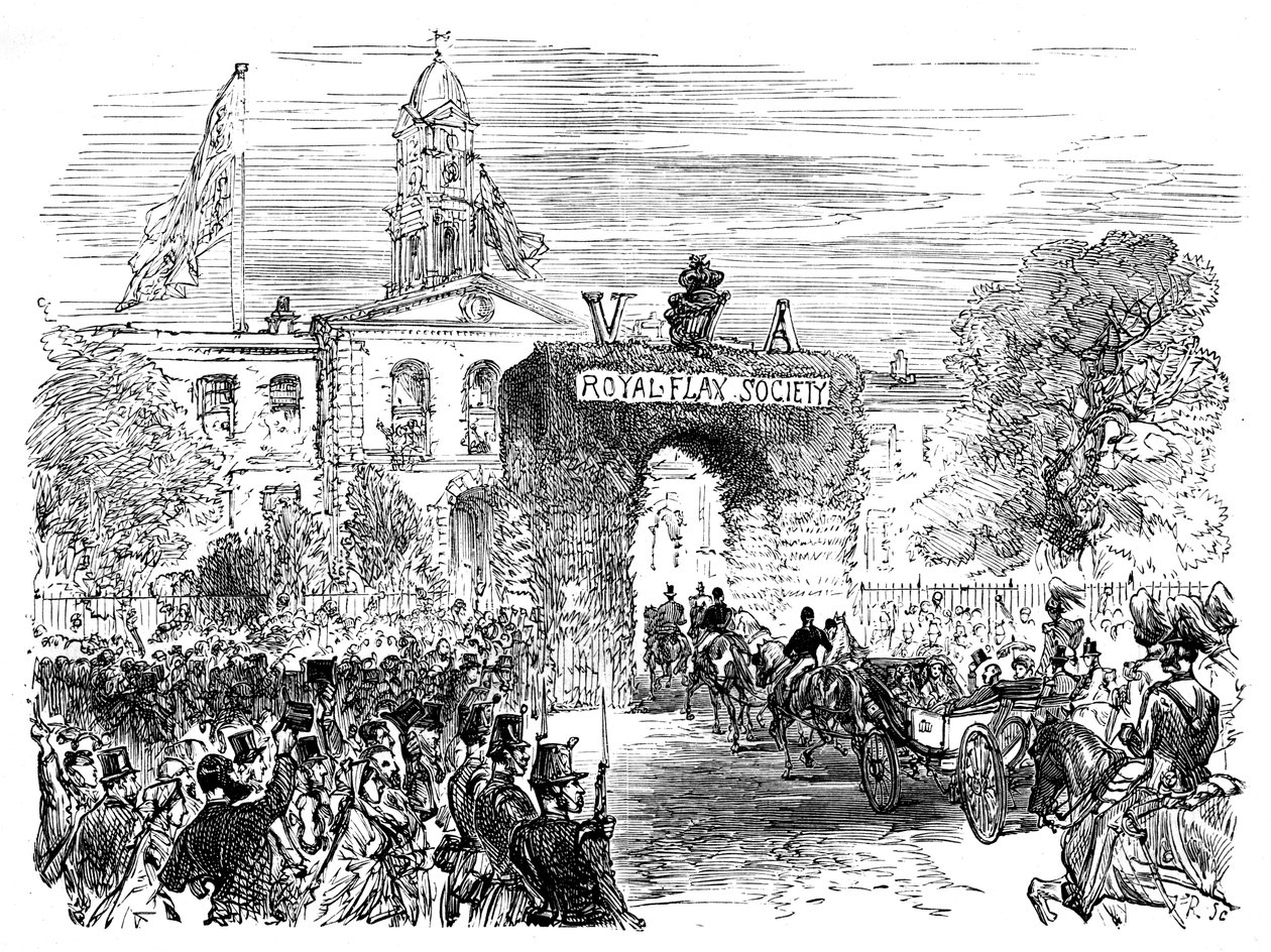 زيارة الملكة والأمير ألبرت إلى قاعة الكتان ، بلفاست ، c1850s ، c1888 بواسطة غير معروف