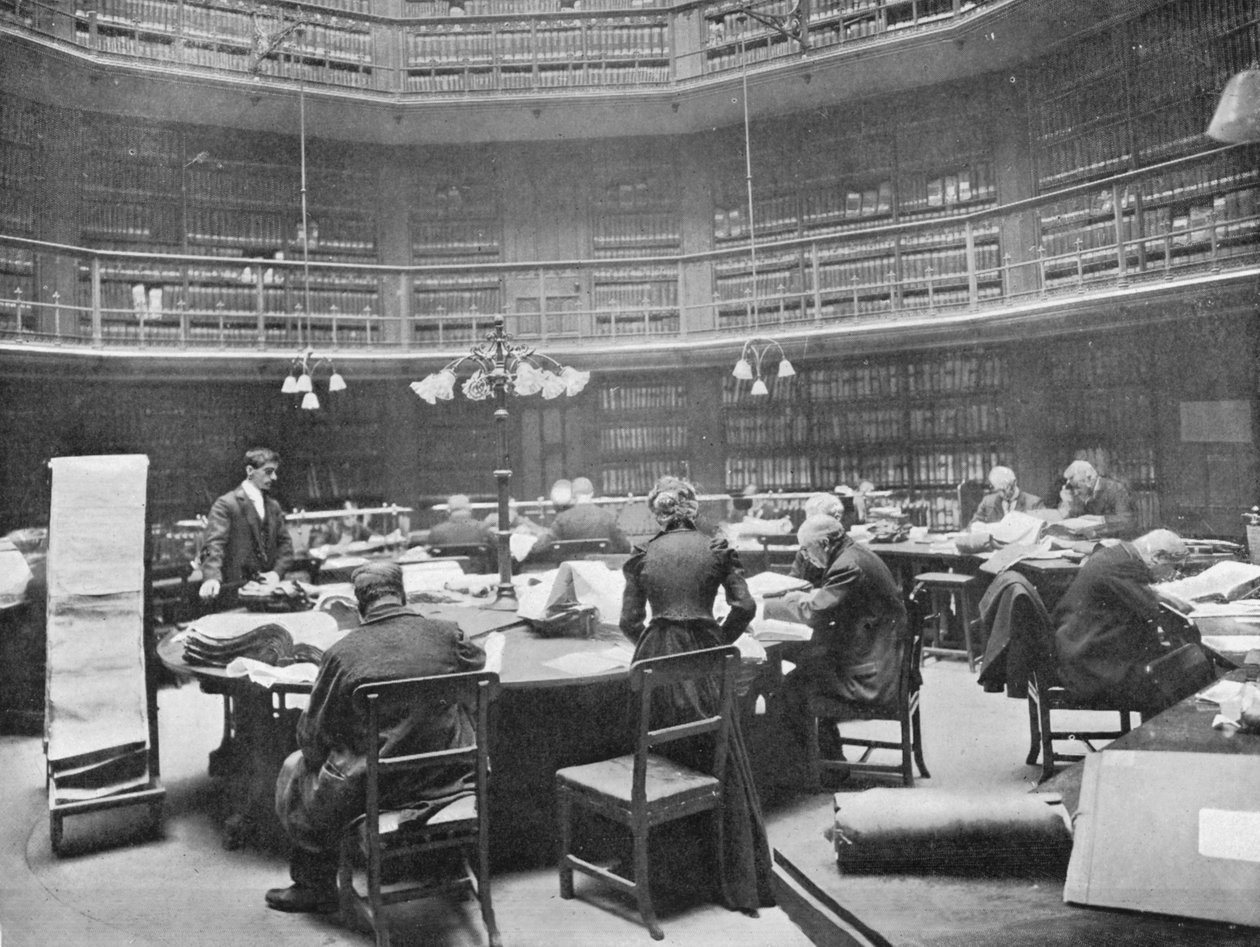 الزوار الذين يبحثون في المجلدات في مكتب السجل العام ، Chancery Lane ، لندن ، 1903 بواسطة غير معروف