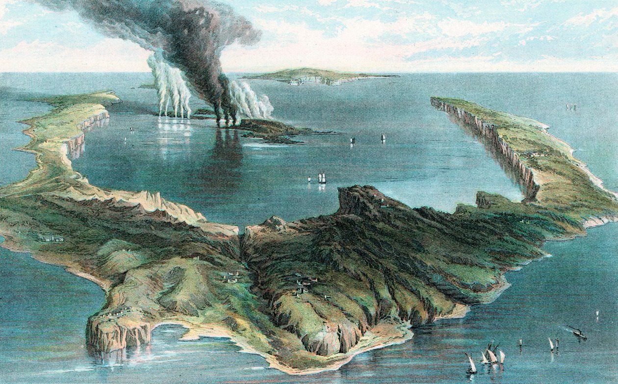 بركان في جزيرة ثيرا سانتوريني في ثوران عام 1866 بواسطة غير معروف
