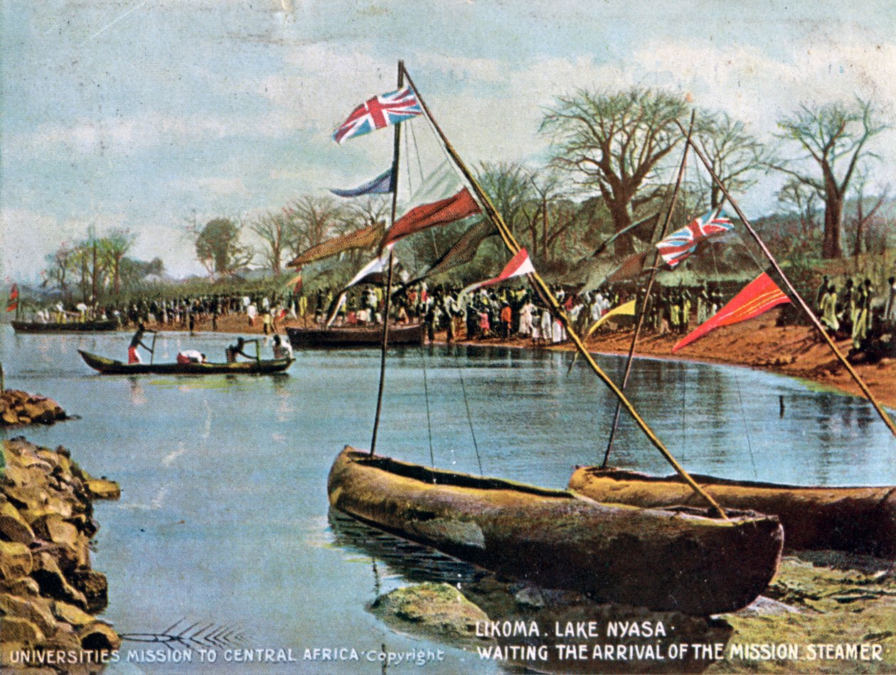في انتظار وصول السفينة البخارية ، ليكوما ، بحيرة نياسا ، أفريقيا ، 1904 بواسطة غير معروف