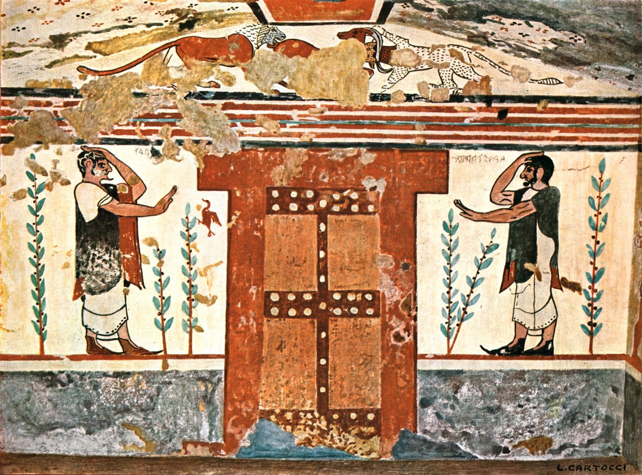 جدار في قبر الأوغورس Tomba degli Auguri at Tarquinia ، إيطاليا ، 1928. بواسطة غير معروف