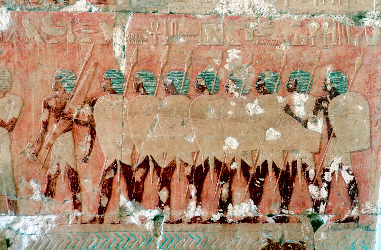 لوحة جدارية لجنود مصريين في الرحلة الاستكشافية ، معبد الملكة حتشبسوت ، الأقصر ، 1470 ق بواسطة غير معروف