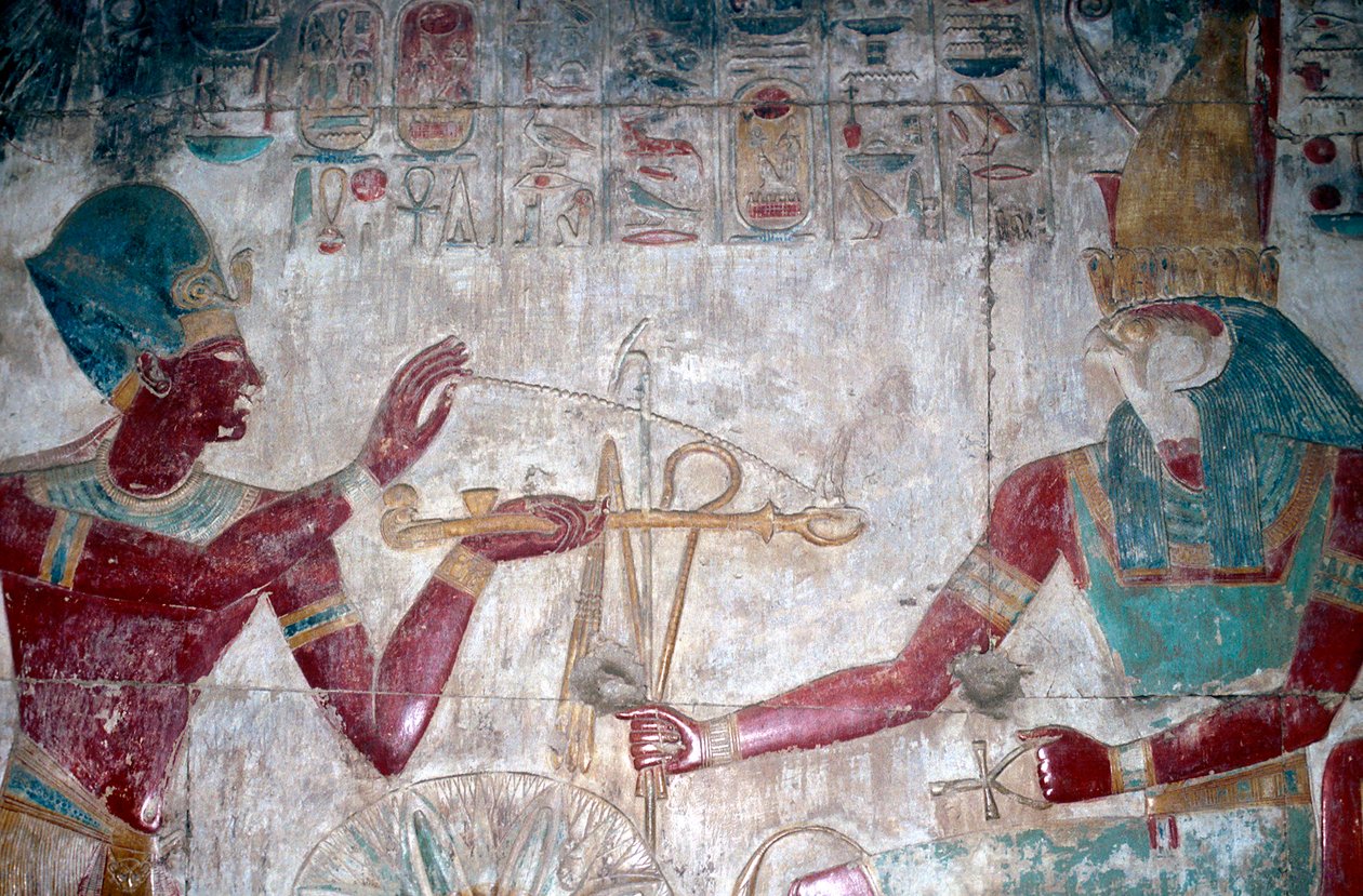 تفاصيل طلاء الجدران لسيثوس الأول قبل حورس ، معبد سيثوس الأول ، أبيدوس ، مصر ، c1280 قبل الميلاد بواسطة غير معروف