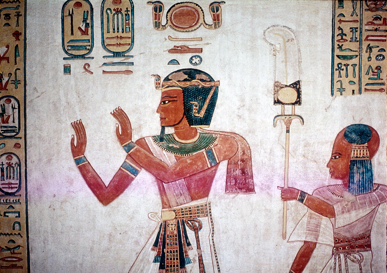 رسم على الحائط لرمسيس الثالث يقود الابن المتوفى إلى الآلهة ، وادي الملكات ، مصر ، القرن الثاني عشر قبل الميلاد بواسطة غير معروف