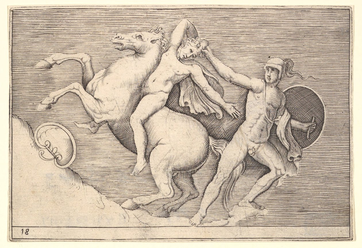 المحارب سحب متسابق من حصانه ، من Ex Antiquis Camorum et Ge ... ، نشر كاليفورنيا. 1599-1622. بواسطة غير معروف