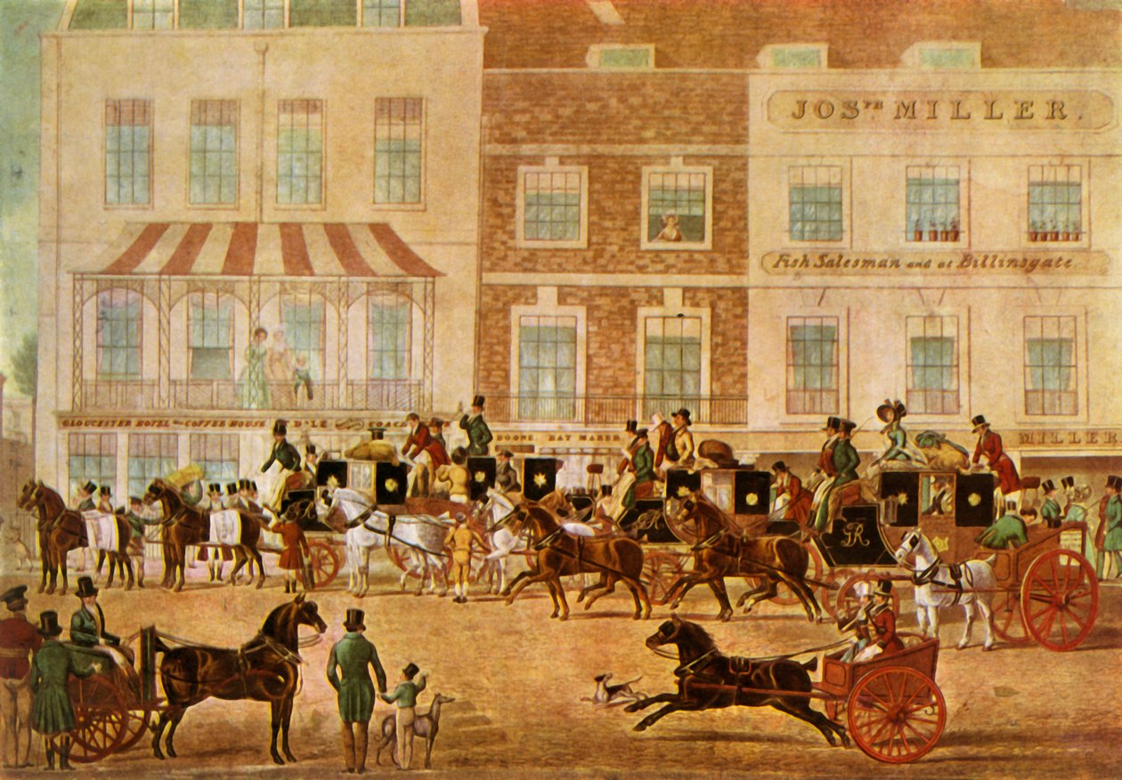 'West Country Mails at the Gloucester Coffee House، Piccadilly'، c1830، 1943. بواسطة غير معروف