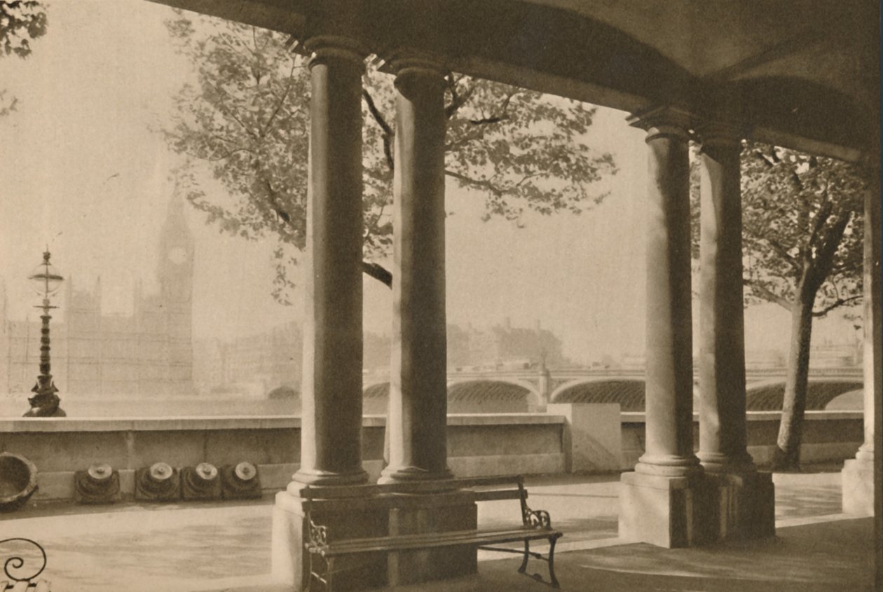 جسر وستمنستر وبيج بن من شرفة مستشفى سانت توماس ، c1935. بواسطة غير معروف