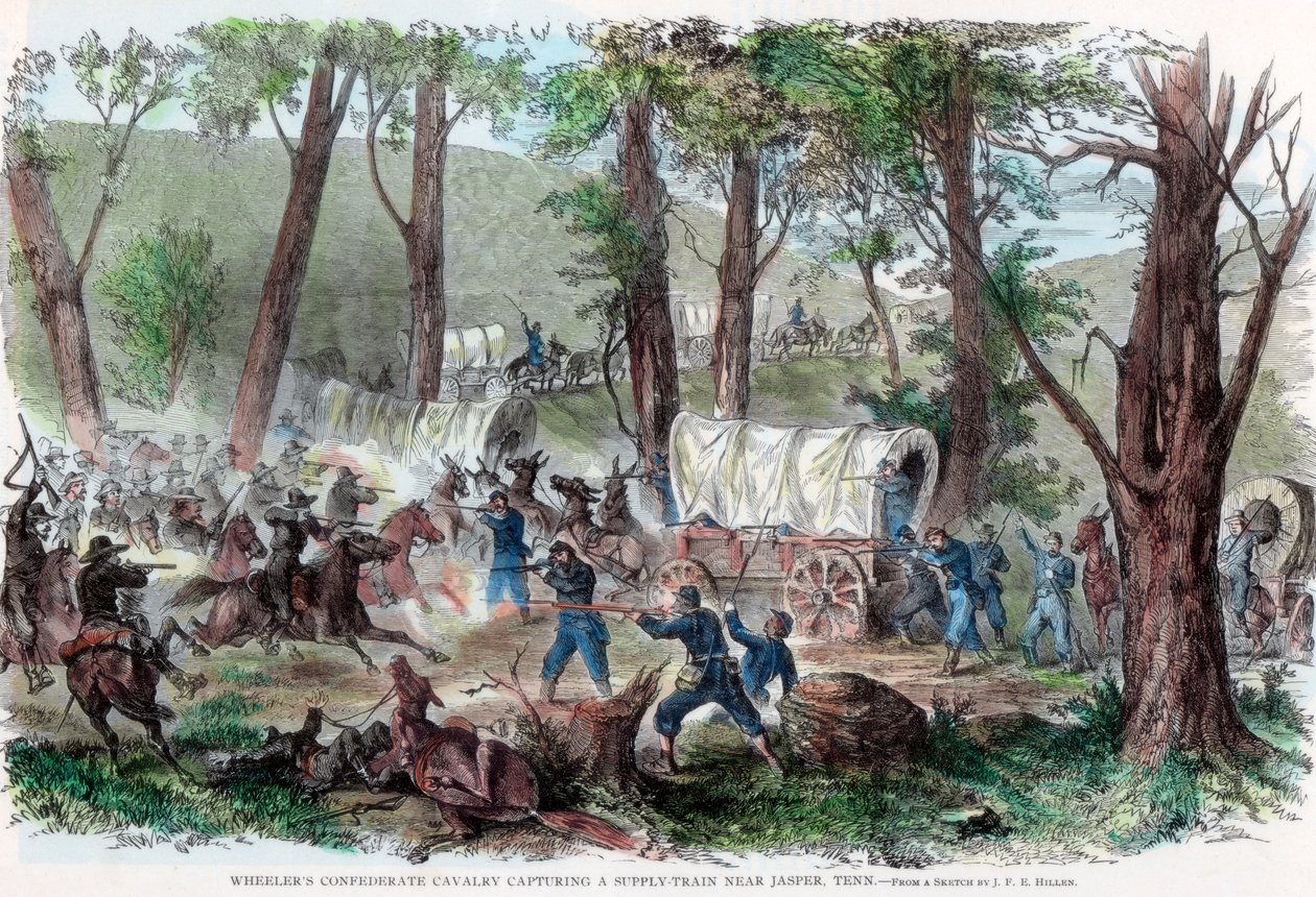 ويلرز الفرسان الكونفدرالية يستولون على قطار إمداد بالقرب من جاسبر ، تينيسي ، c1863 بواسطة غير معروف