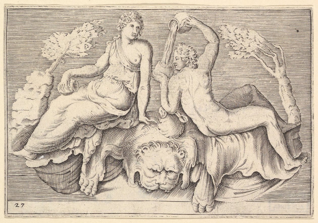 امرأة ورجل جالسان على Lionskin ، رجل يسكب النبيذ ، نُشر في كاليفورنيا 1599-1622. بواسطة غير معروف