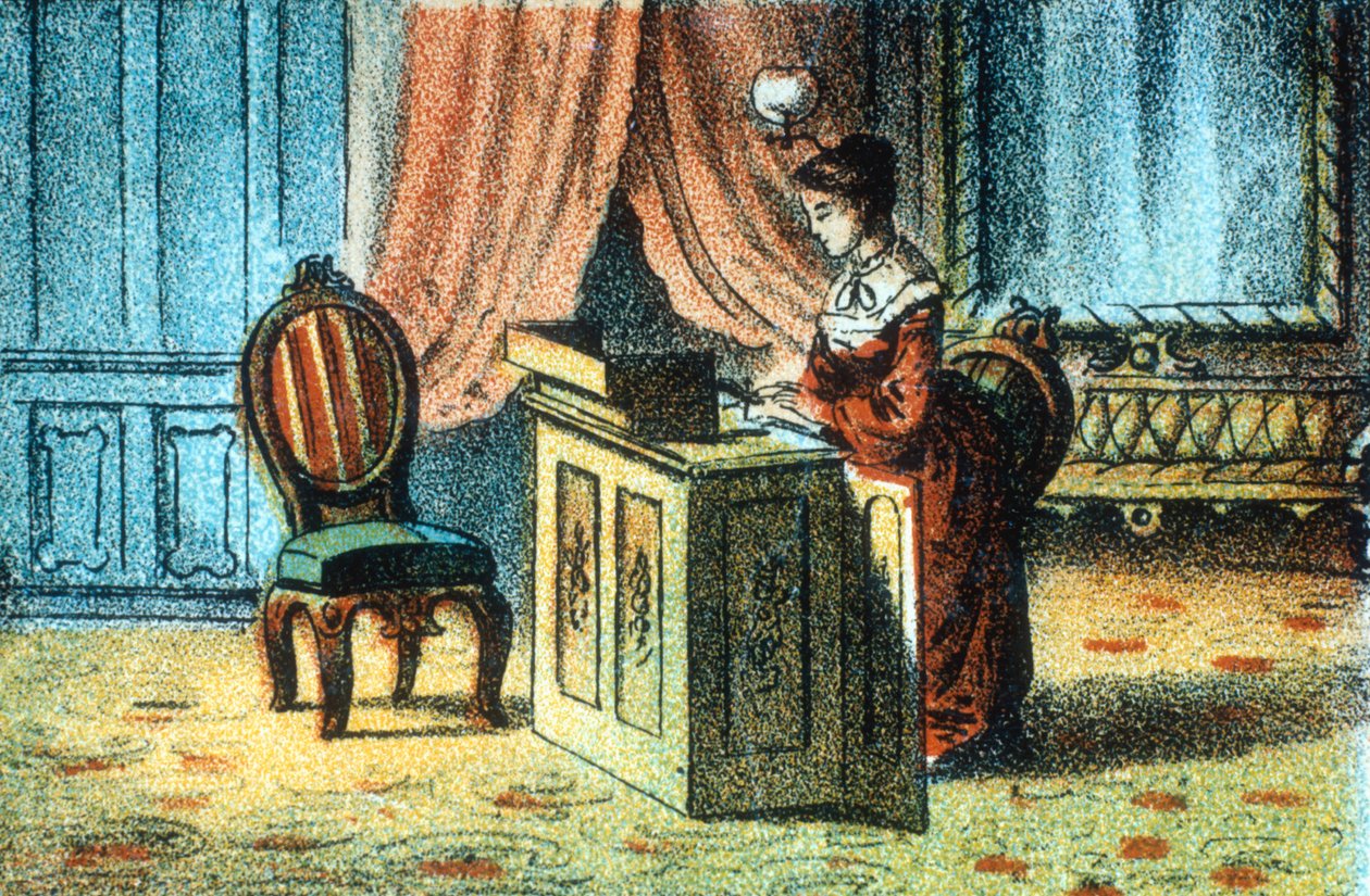 امرأة تستخدم ماكينة الخياطة على براءة اختراع من قبل إلياس هاو [c1878] بواسطة غير معروف