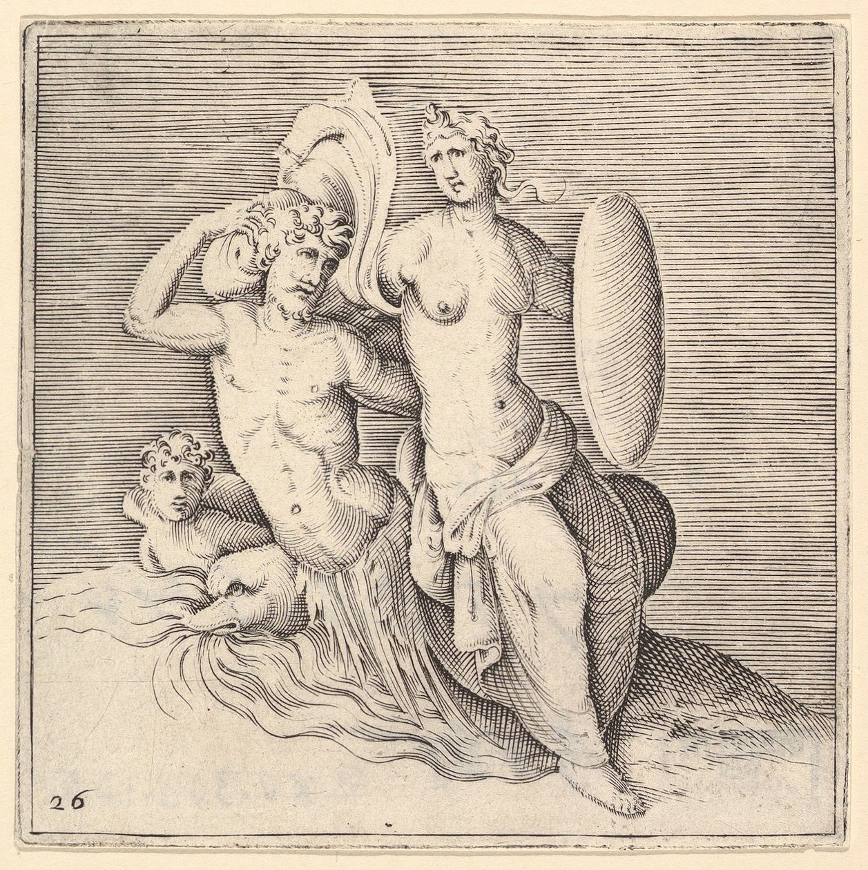 امرأة مع درع جالس على Seamonster ، نشرت كاليفورنيا. 1599-1622. بواسطة غير معروف