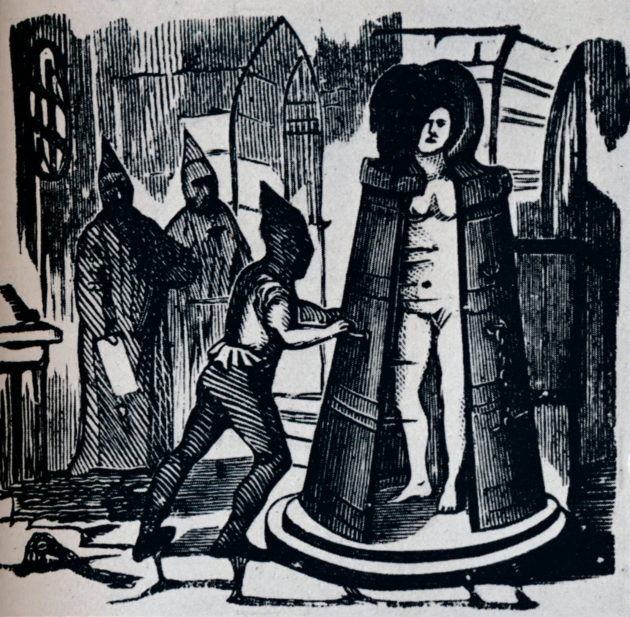 قطع خشبية تظهر Geuders Iron Maiden في غرفة التعذيب ، c1870 بواسطة غير معروف