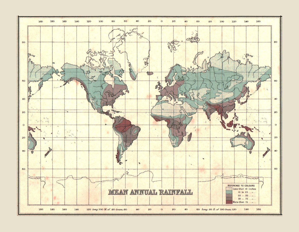 خريطة العالم تظهر متوسط هطول الأمطار السنوي ، 1902. بواسطة غير معروف